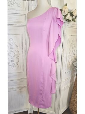 Boskemper Lavander Pink Cascade Ruffle One Shoulder Sheath Dress